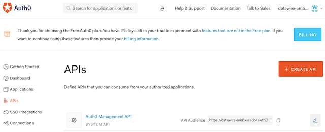 Auth0 APIs dashboard