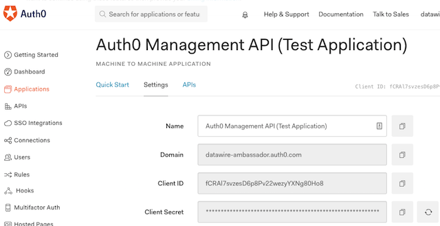 Auth0 managment API settings